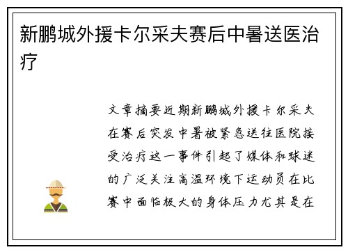 新鹏城外援卡尔采夫赛后中暑送医治疗