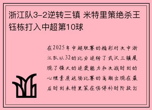浙江队3-2逆转三镇 米特里策绝杀王钰栋打入中超第10球