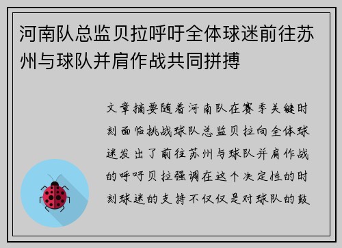 河南队总监贝拉呼吁全体球迷前往苏州与球队并肩作战共同拼搏