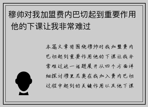 穆帅对我加盟费内巴切起到重要作用 他的下课让我非常难过