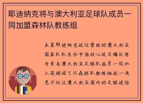 耶迪纳克将与澳大利亚足球队成员一同加盟森林队教练组